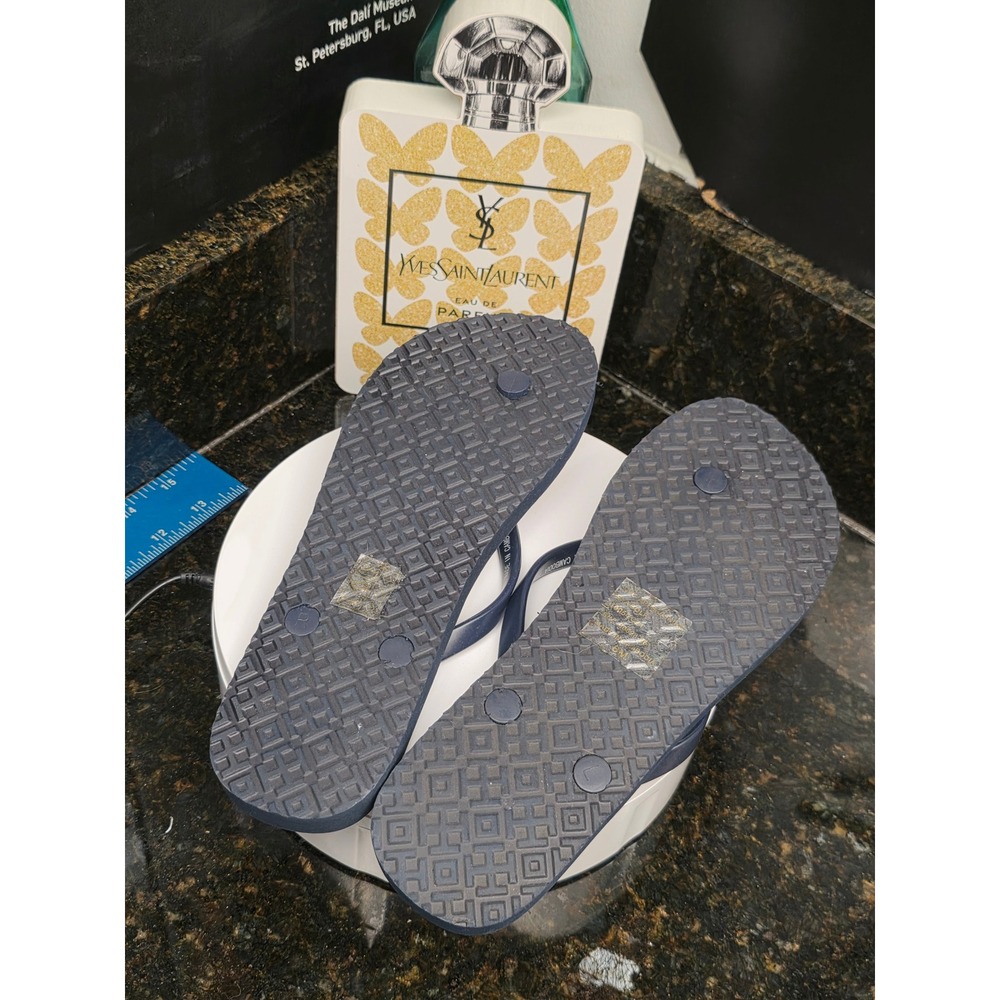 Tory Burch Flip Flops 8M Navy Multi Stripe Logo Thong Sandals Summer Beachwear - Picture 5 of 9